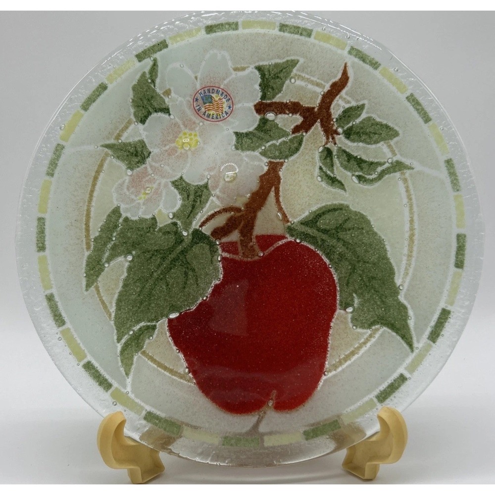 Vintage Peggy Karr Fused Art Glass 7 1/2" plate Red Apple Blossoms Fresh Color